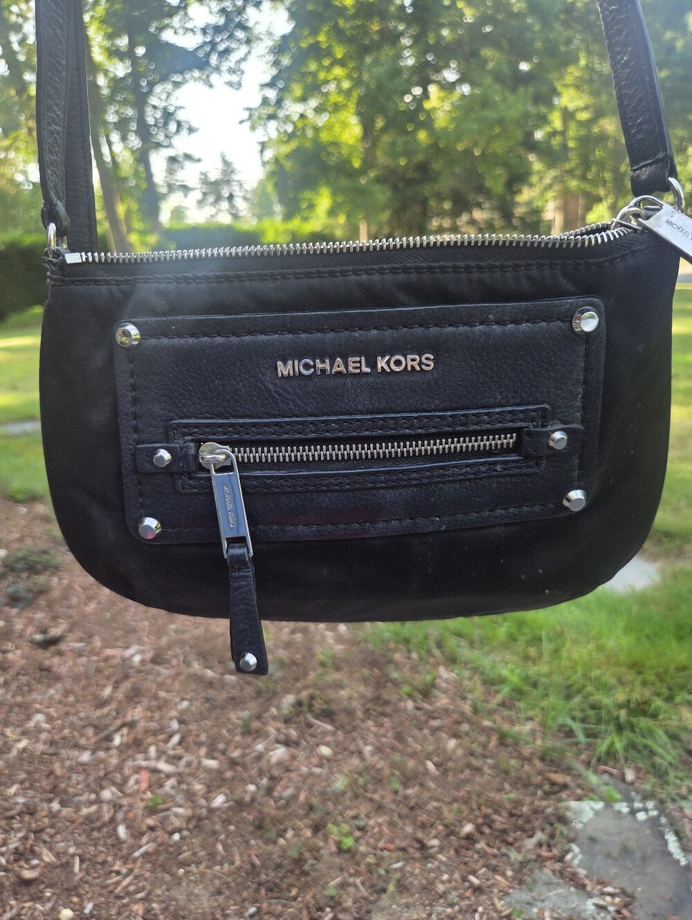 Michael Kors Black Nylon & Leather Crossbody with Front Zip Pocket